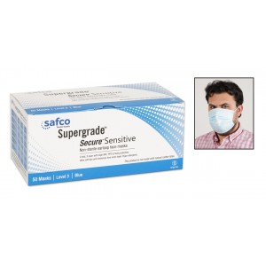 Safco supergrade secure sensitive earloop masks blue, 50/box