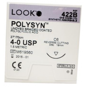 PolySyn Polyglycolic Acid Suture with C6 Needle (RC), Undyed Braided, 27", # 4-0, 12/Pk, 422B